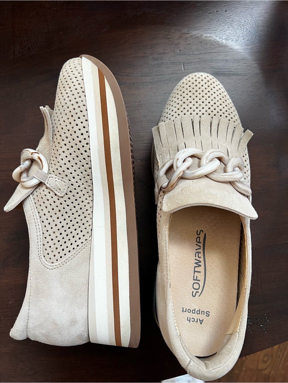 Beige Suede Slip-On Loafers with Chain Accent
